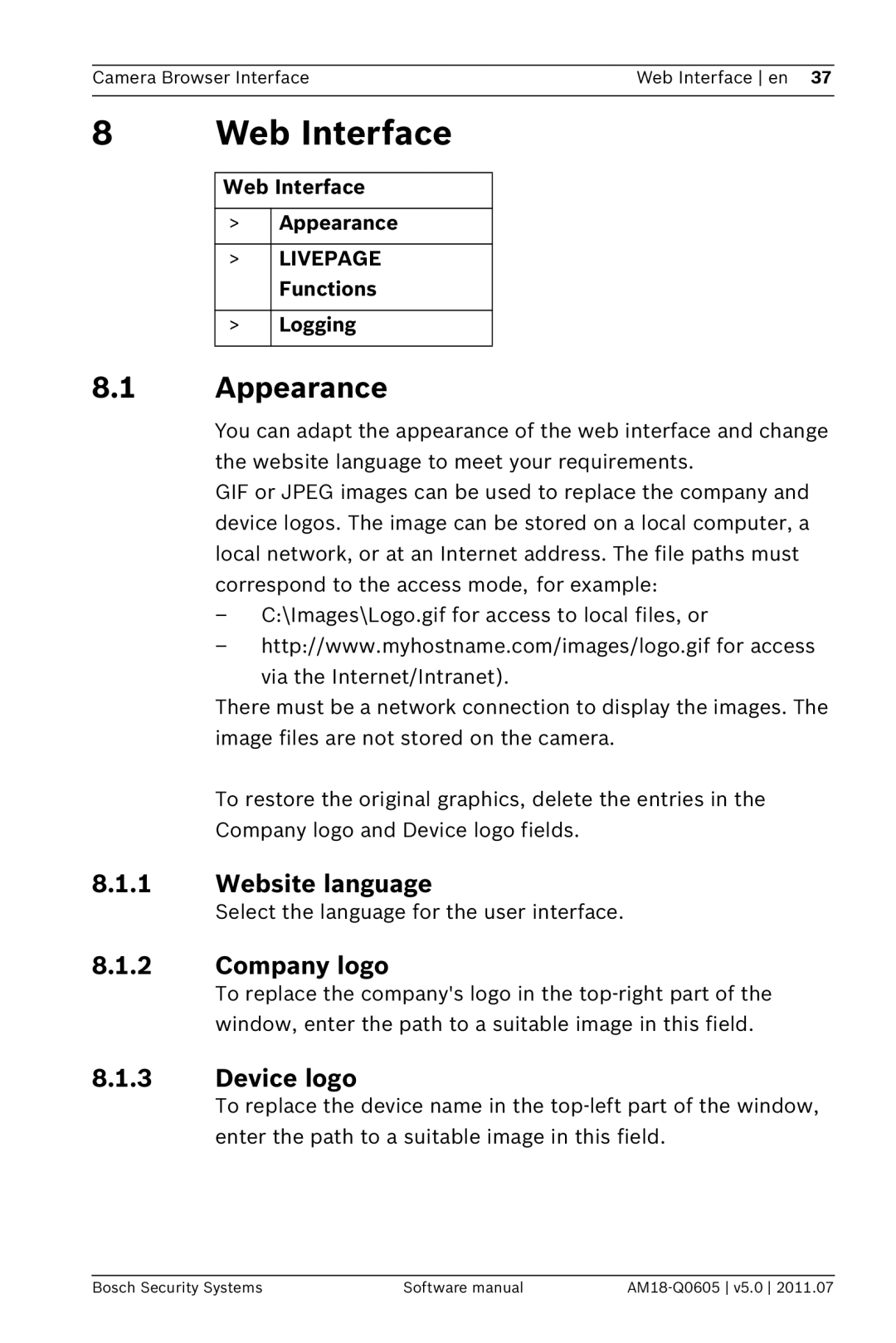 Bosch Appliances FW5 software manual Web Interface, Appearance, Website language, Company logo, Device logo 