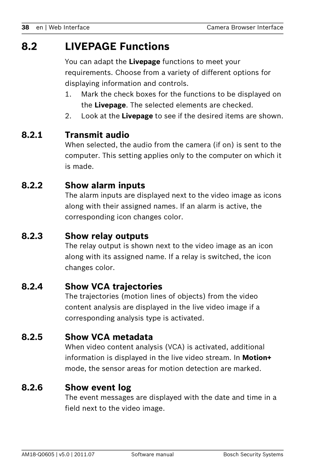 Bosch Appliances FW5 software manual Livepage Functions 