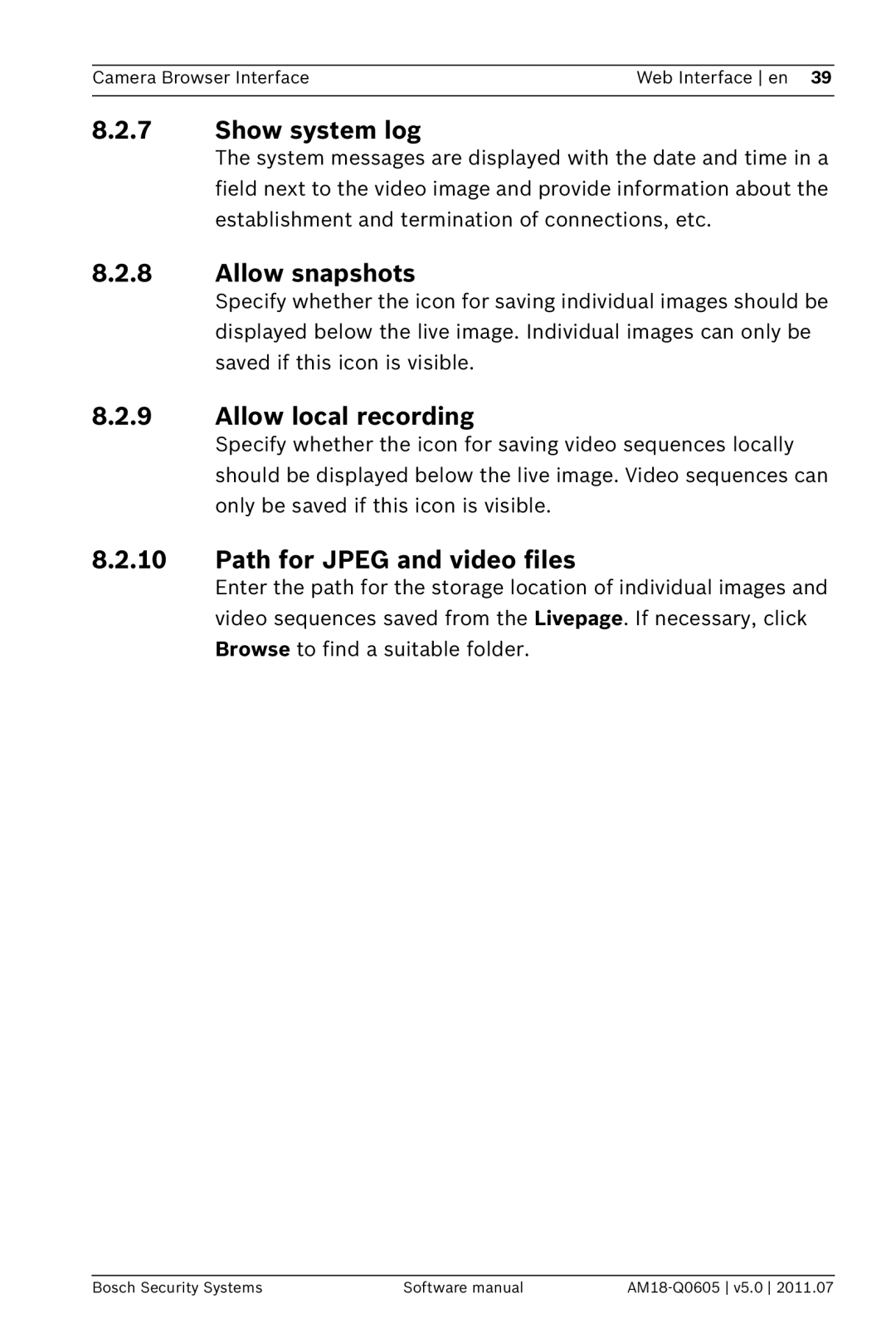 Bosch Appliances FW5 software manual Show system log, Allow snapshots, Allow local recording, Path for Jpeg and video files 