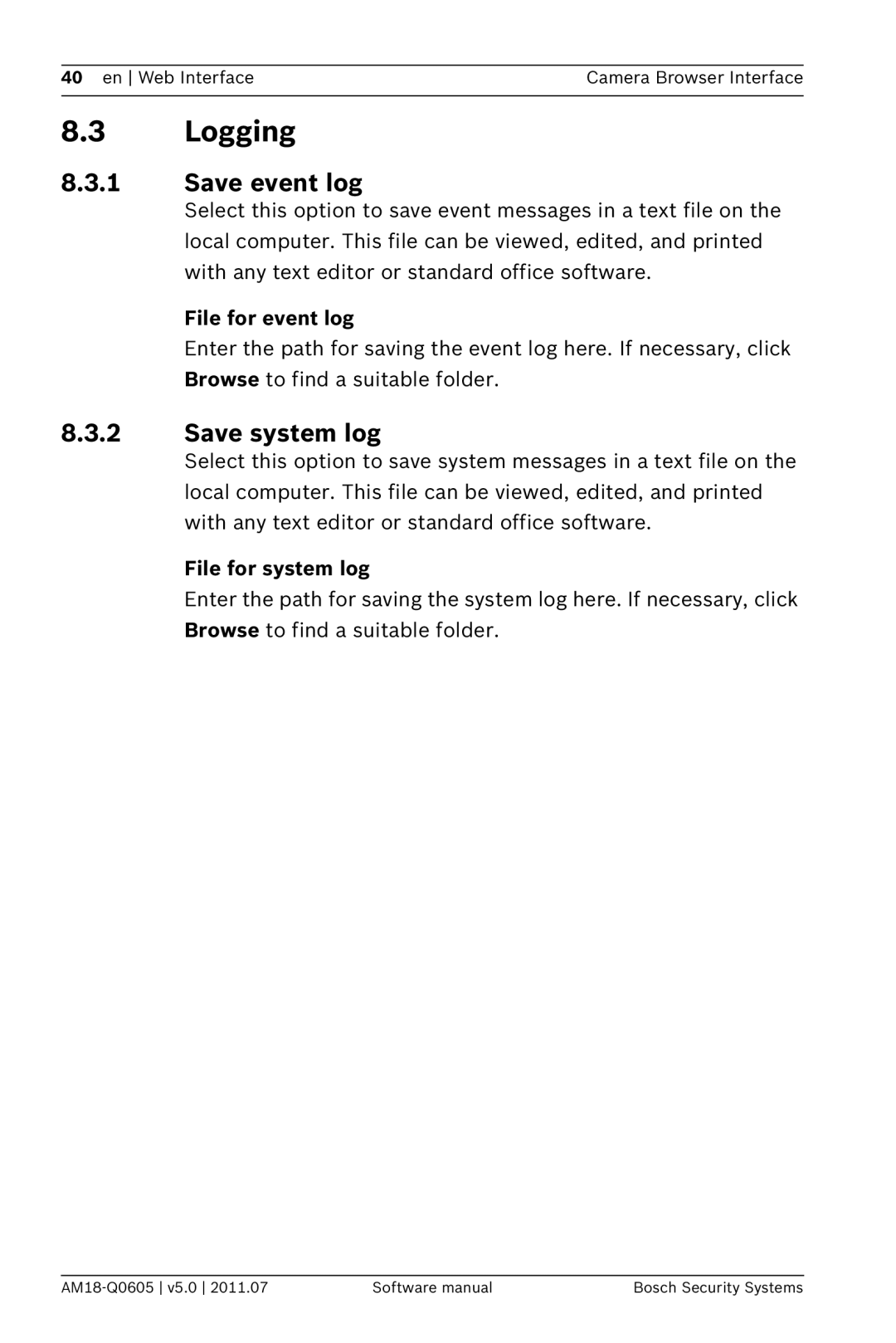 Bosch Appliances FW5 software manual Logging, Save event log, Save system log, File for event log, File for system log 