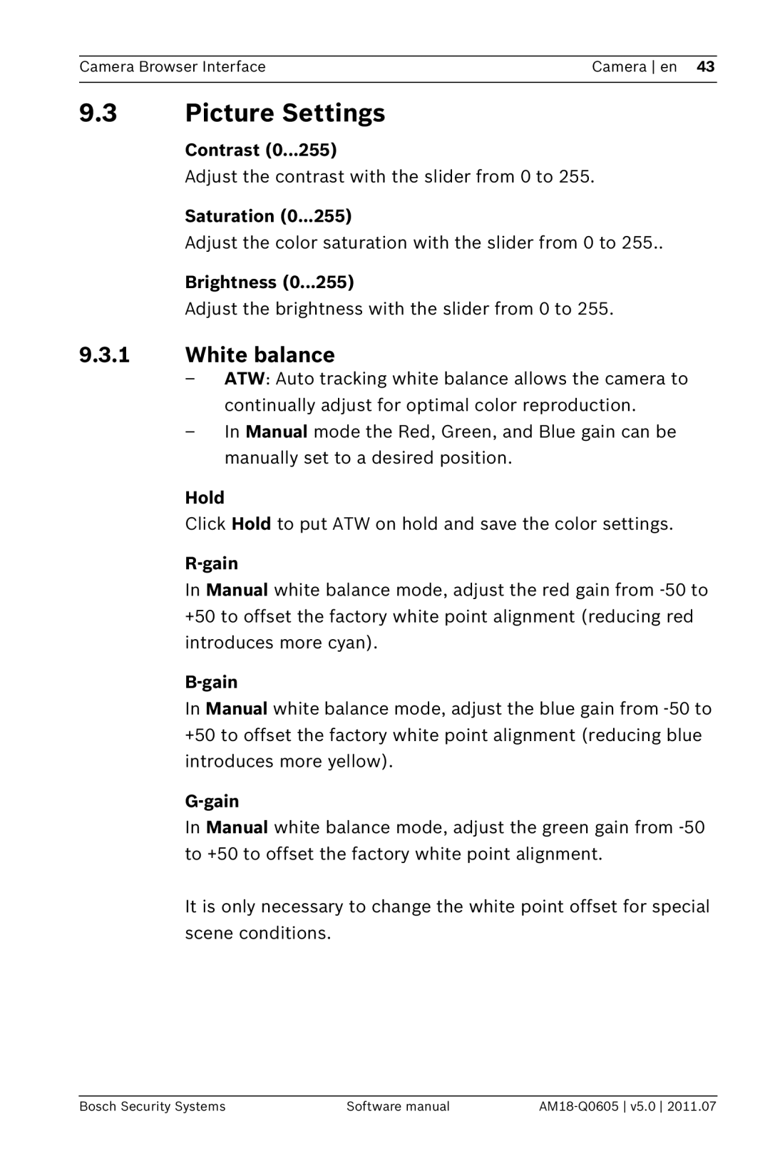 Bosch Appliances FW5 software manual Picture Settings, White balance 