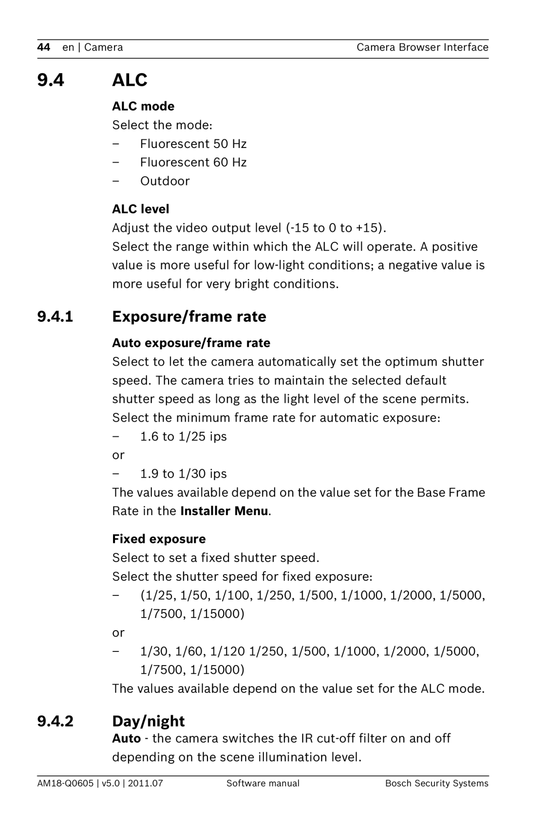 Bosch Appliances FW5 software manual Alc, Exposure/frame rate, 2 Day/night 