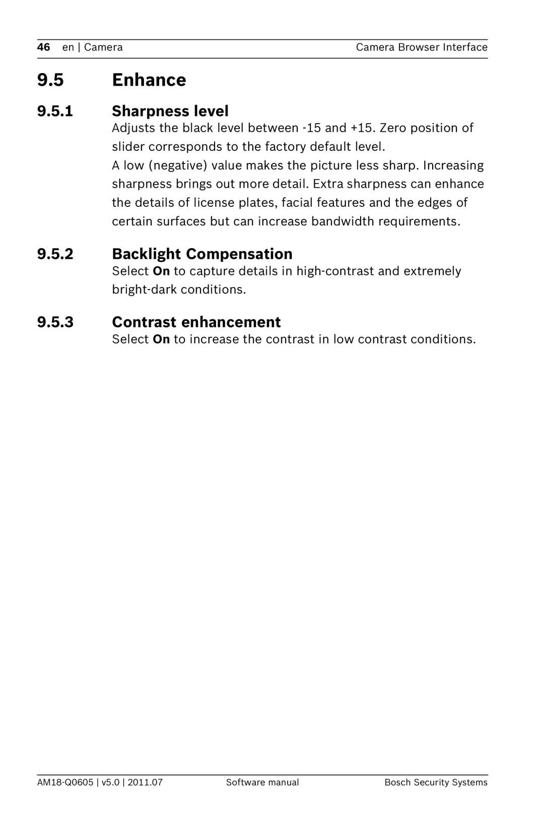 Bosch Appliances FW5 software manual Enhance, Sharpness level, Backlight Compensation, Contrast enhancement 