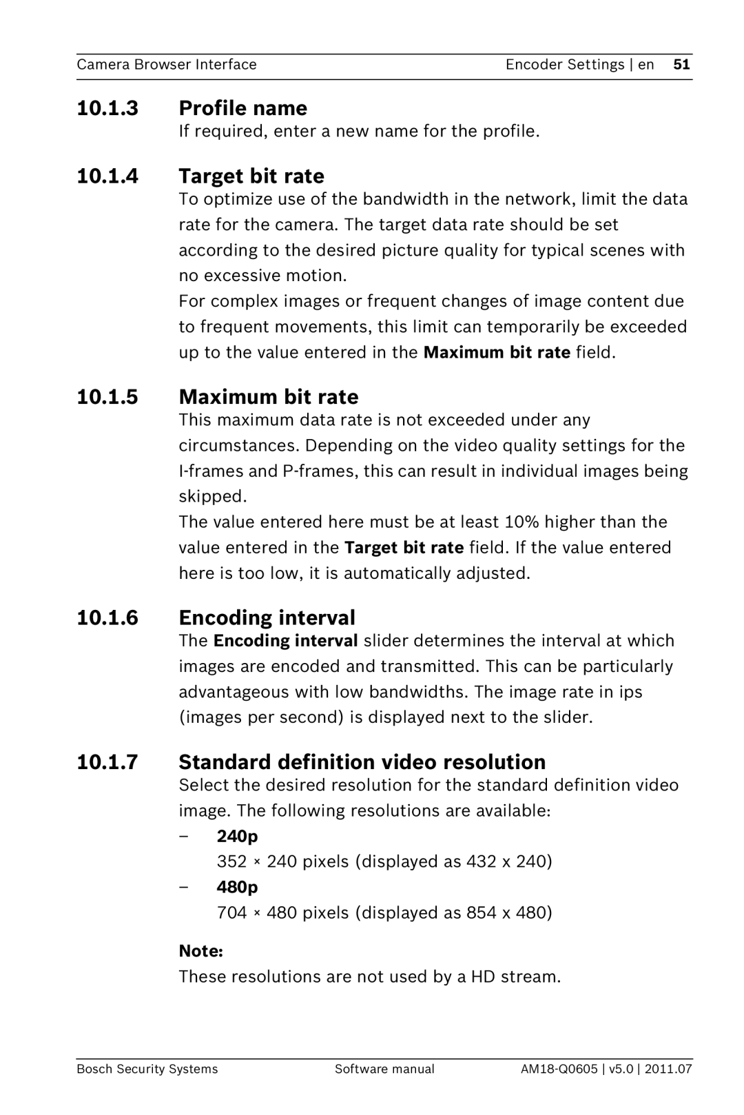 Bosch Appliances FW5 software manual Profile name, Target bit rate, Maximum bit rate, Encoding interval 