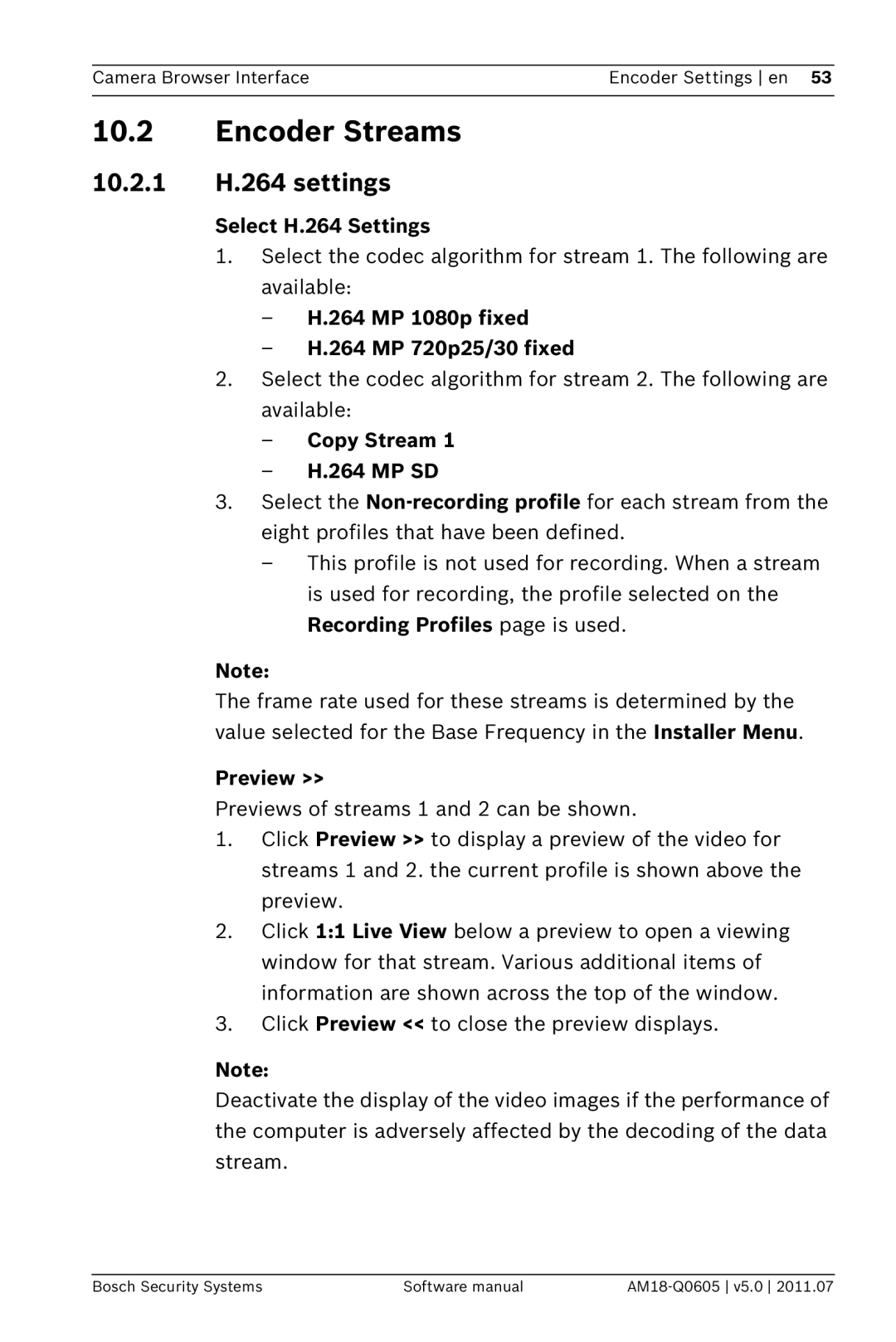 Bosch Appliances FW5 software manual Encoder Streams, 10.2.1 H.264 settings 