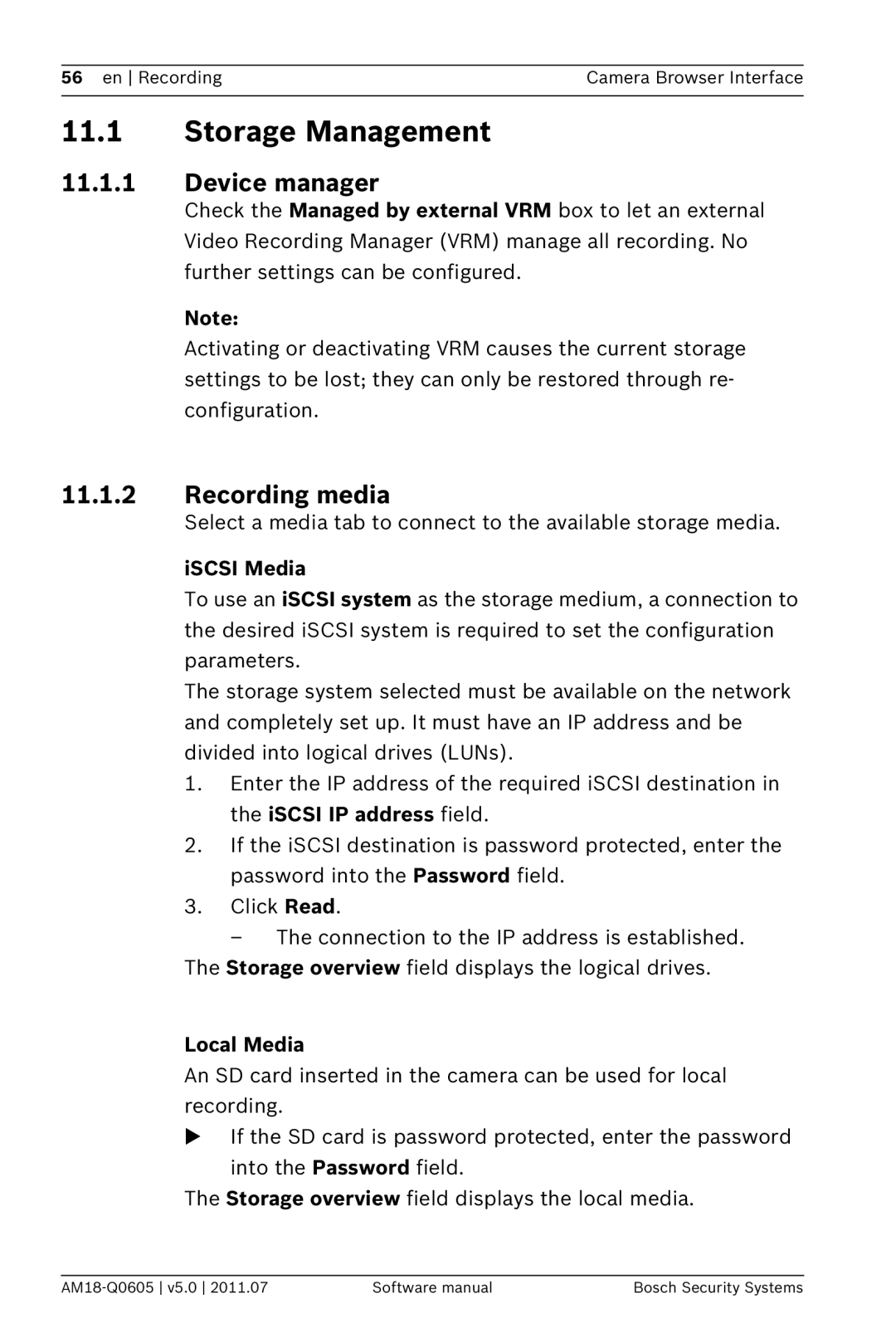 Bosch Appliances FW5 software manual Storage Management, Device manager, Recording media, ISCSI Media, Local Media 