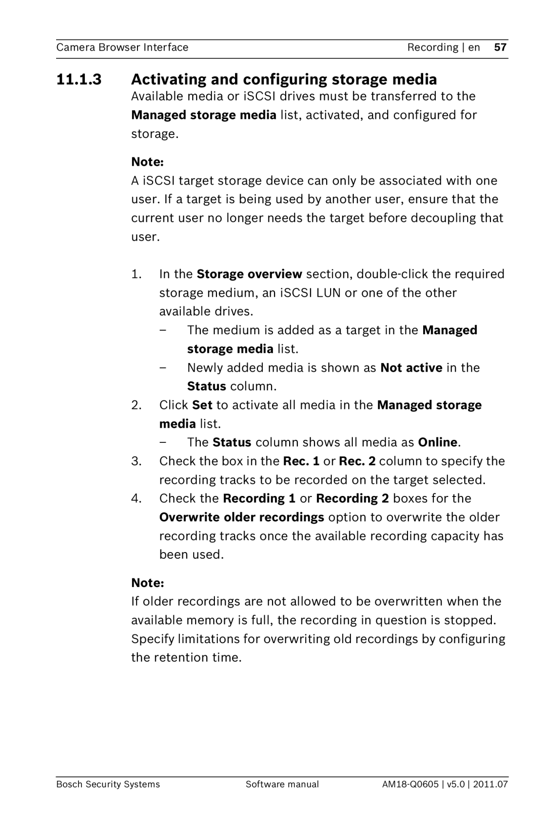 Bosch Appliances FW5 software manual Activating and configuring storage media 