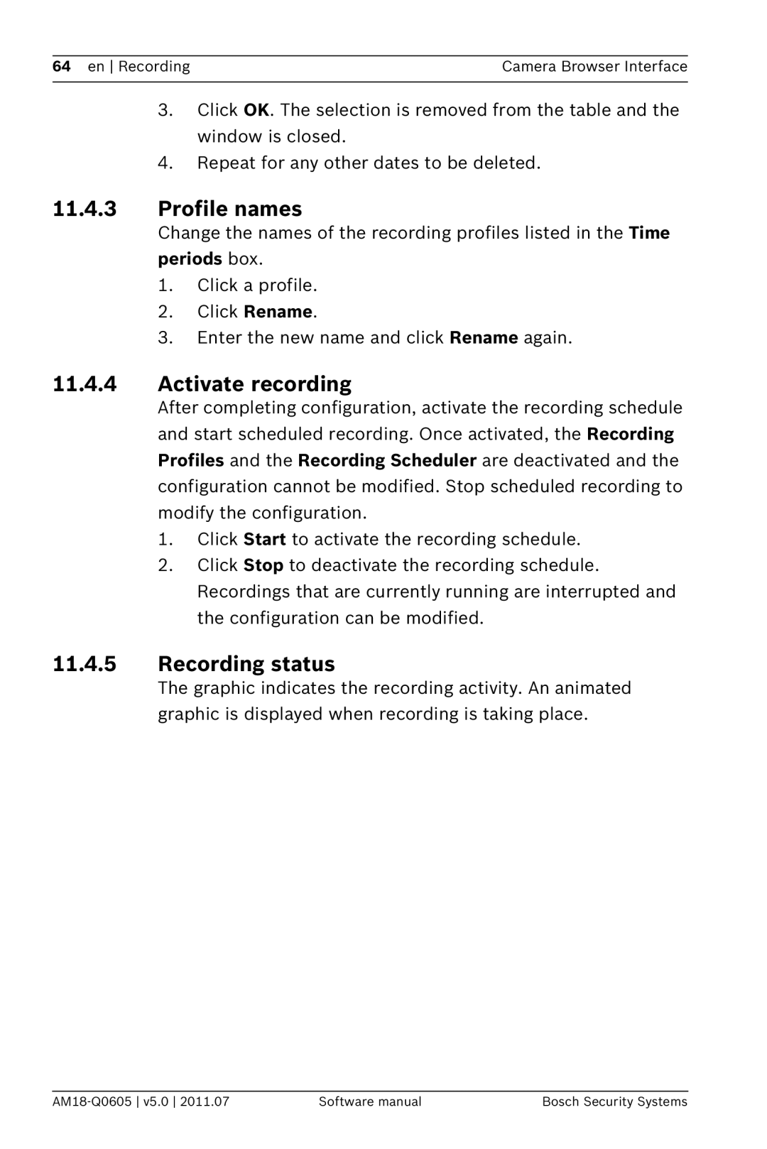 Bosch Appliances FW5 software manual Profile names, Activate recording, Recording status 