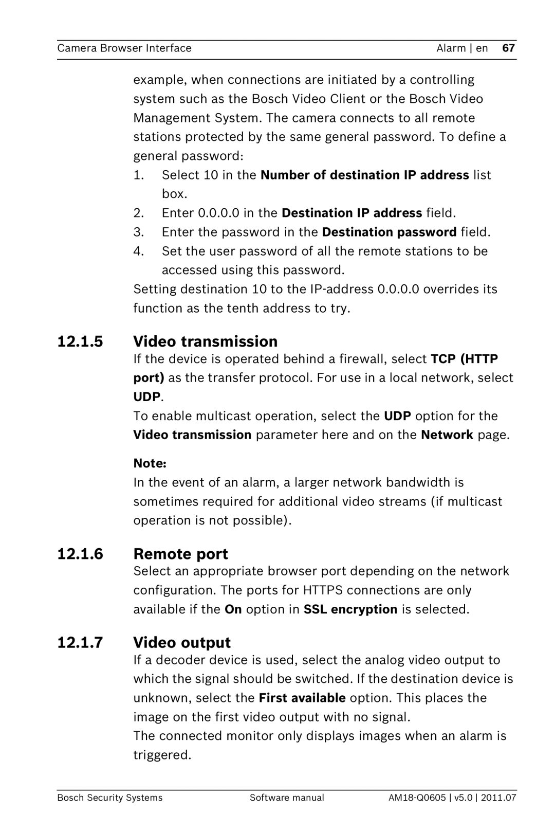 Bosch Appliances FW5 software manual Video transmission, Remote port, Video output 