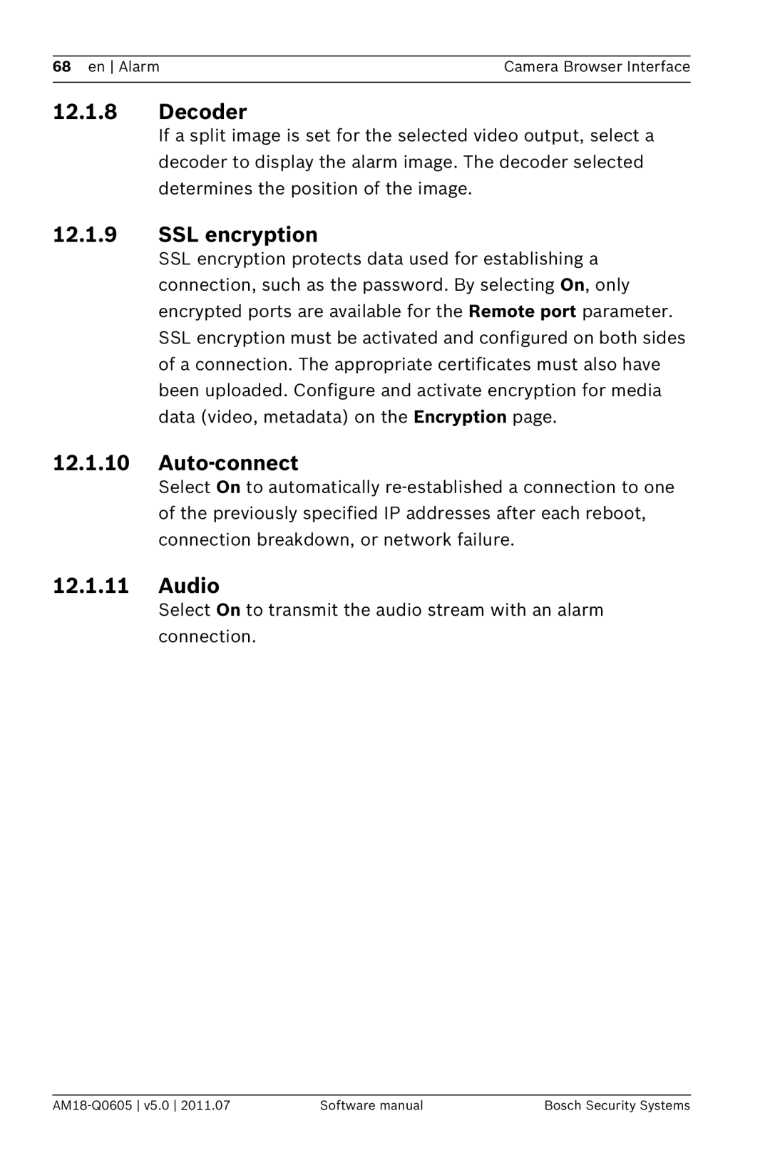 Bosch Appliances FW5 software manual Decoder, SSL encryption, Auto-connect, Audio 