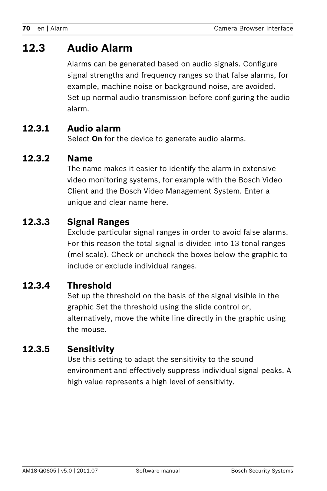 Bosch Appliances FW5 software manual Audio Alarm 