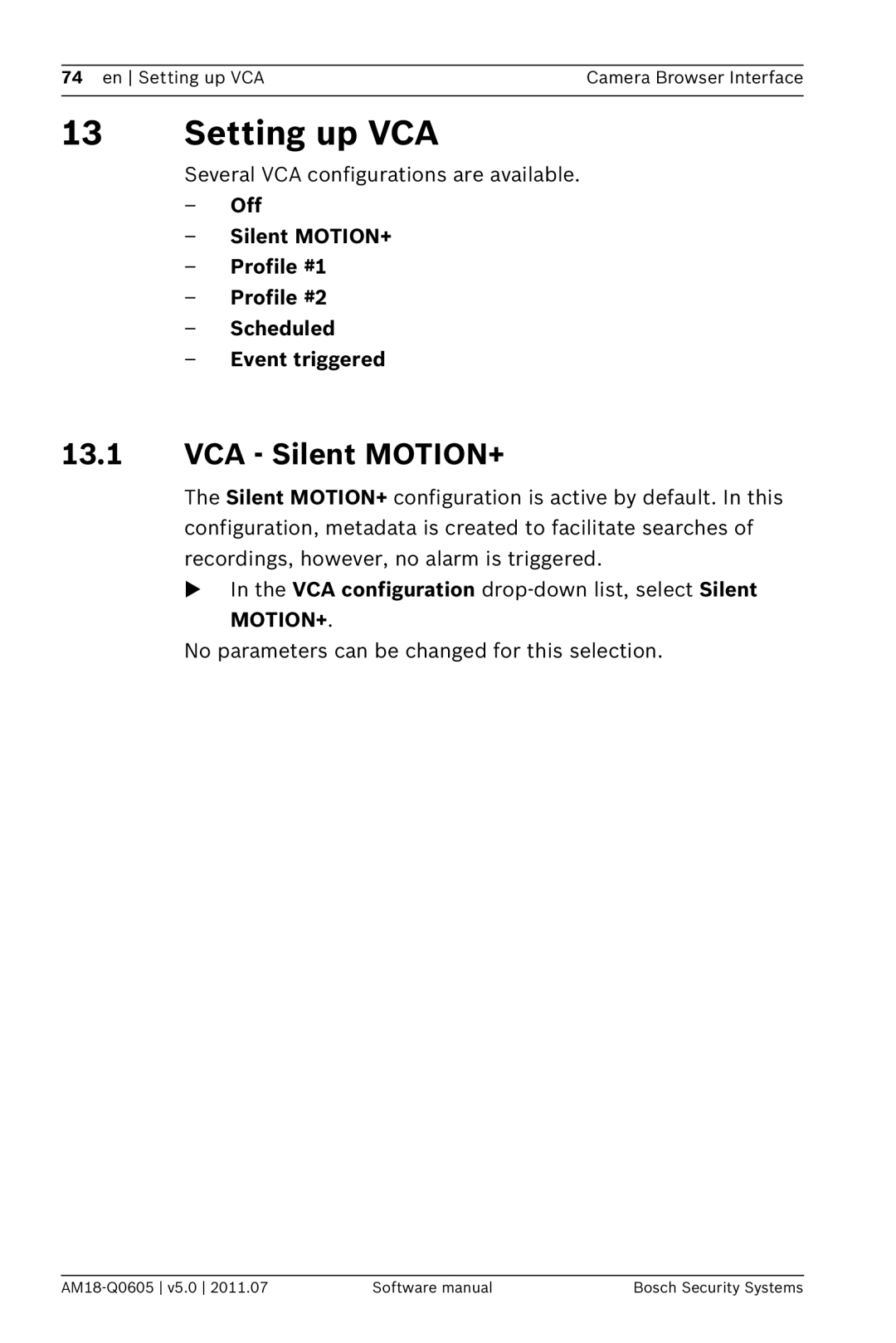 Bosch Appliances FW5 software manual Setting up VCA, VCA Silent MOTION+ 