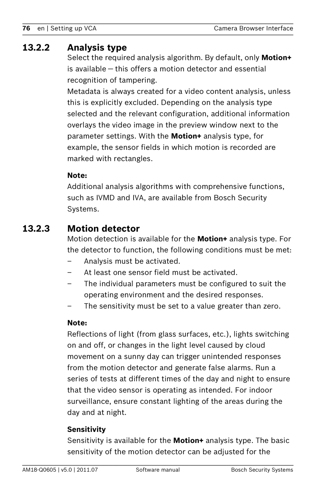 Bosch Appliances FW5 software manual Analysis type, Motion detector, Sensitivity 