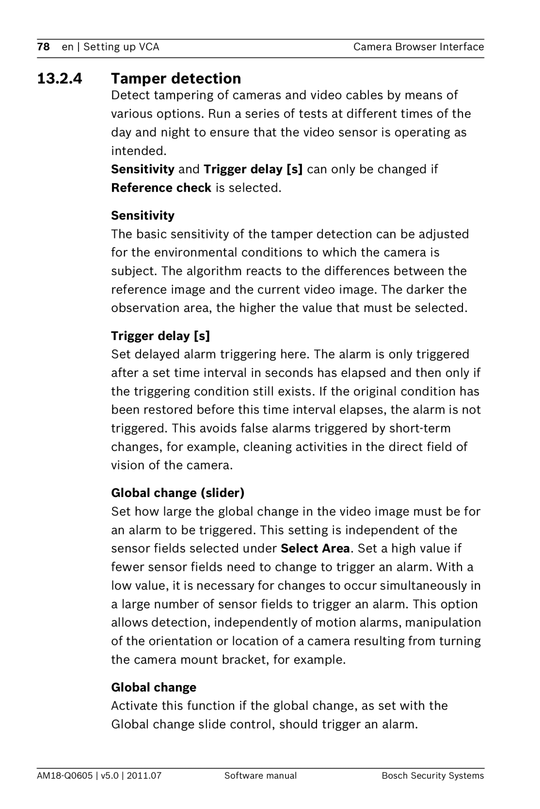 Bosch Appliances FW5 software manual Tamper detection, Trigger delay s, Global change slider 