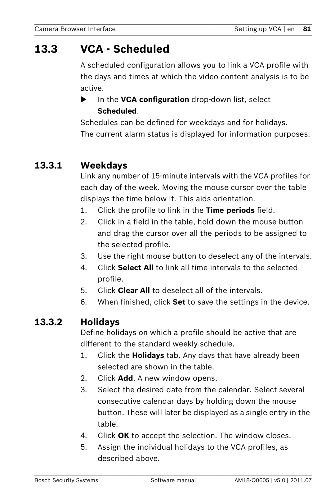 Bosch Appliances FW5 software manual VCA Scheduled 