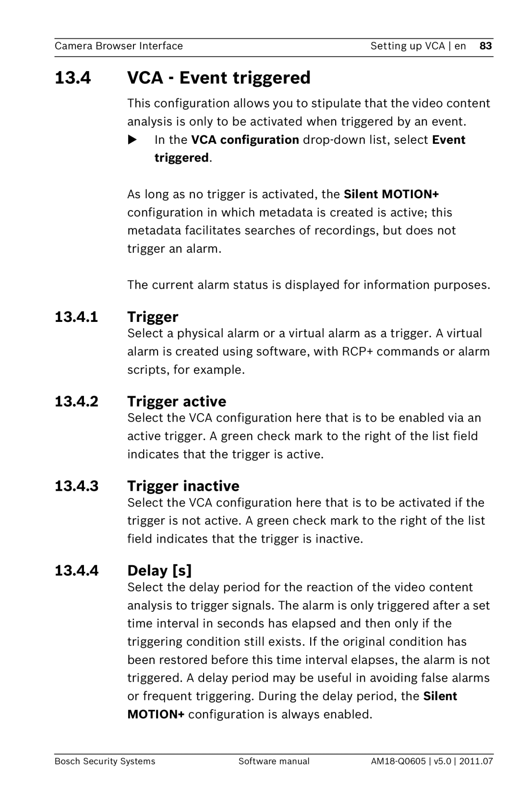 Bosch Appliances FW5 software manual VCA Event triggered, Trigger active, Trigger inactive, Delay s 