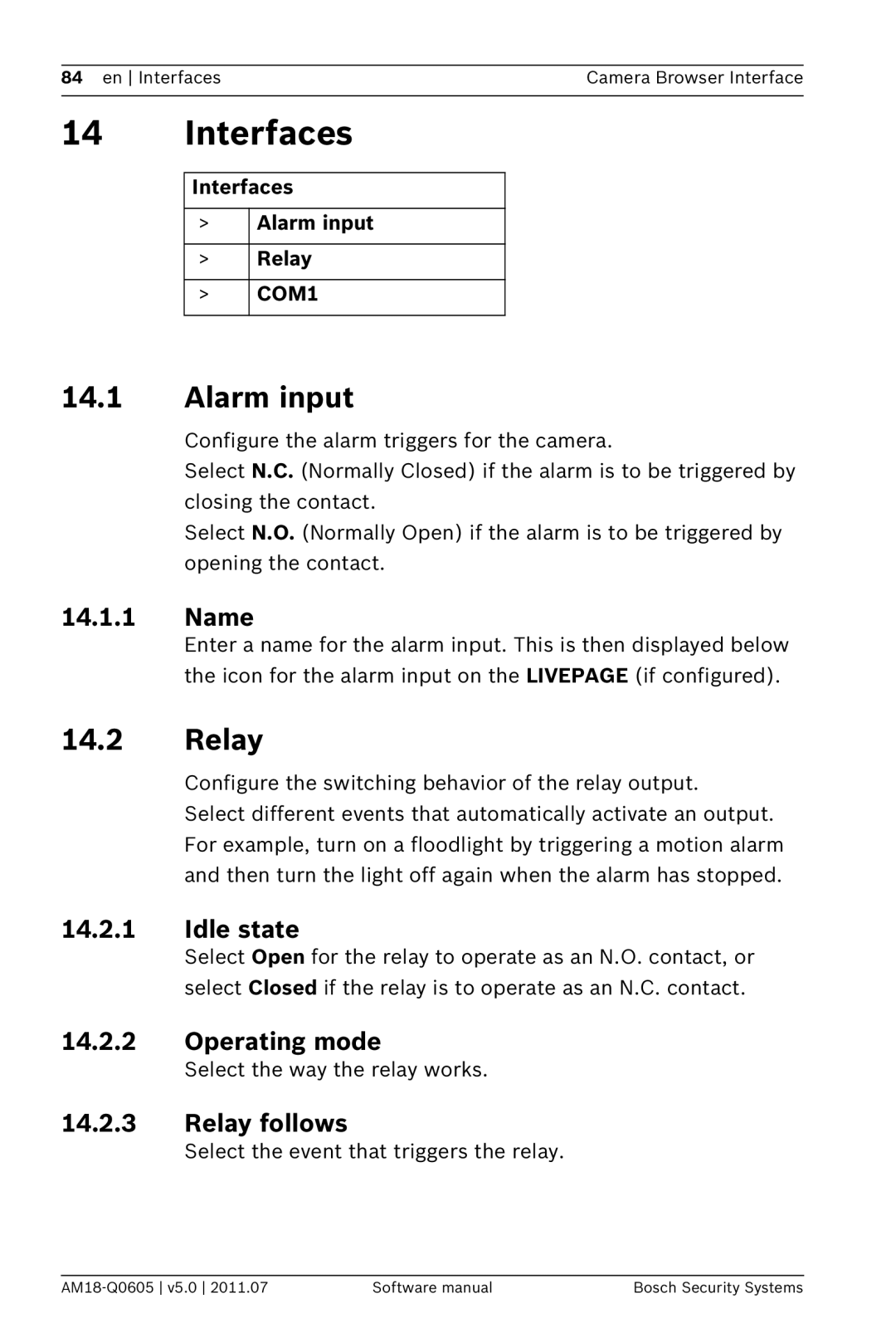 Bosch Appliances FW5 software manual Interfaces, Alarm input, Relay 