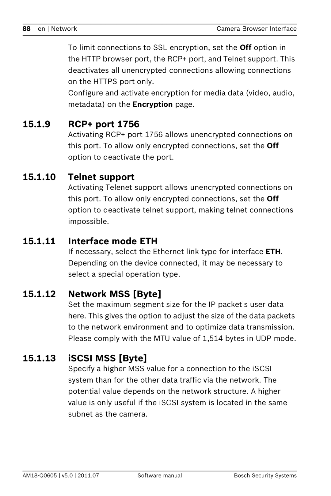 Bosch Appliances FW5 software manual 15.1.9 RCP+ port, Telnet support, Interface mode ETH, Network MSS Byte, ISCSI MSS Byte 