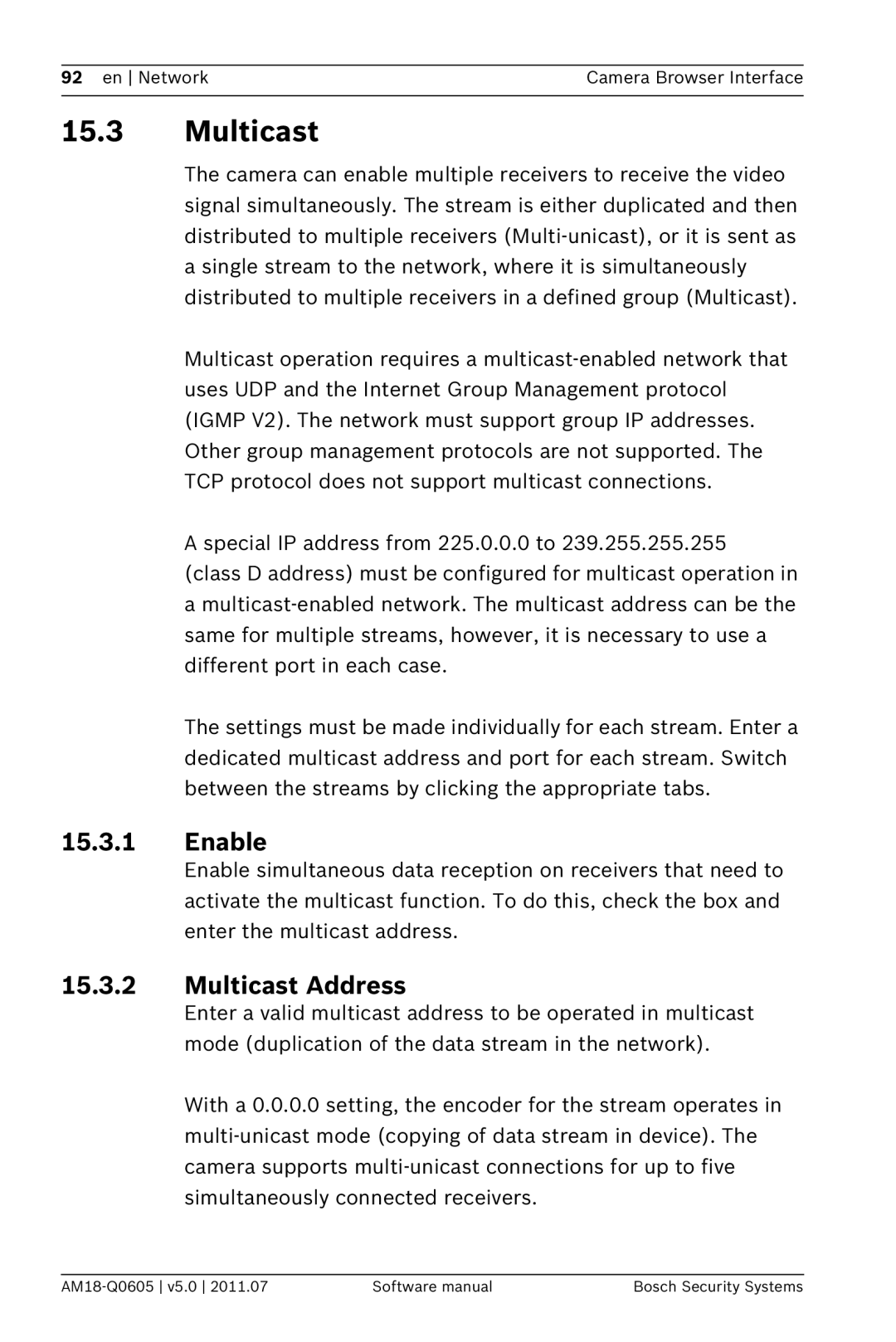 Bosch Appliances FW5 software manual Enable, Multicast Address 