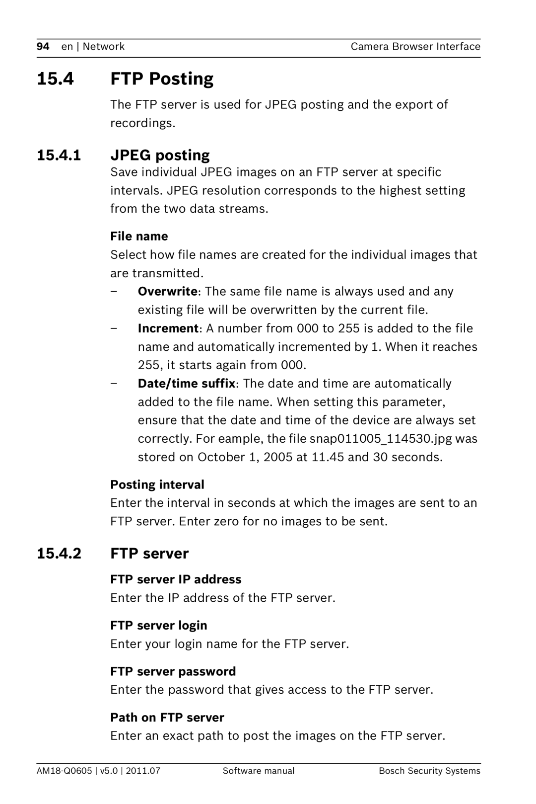 Bosch Appliances FW5 software manual FTP Posting, Jpeg posting, FTP server 