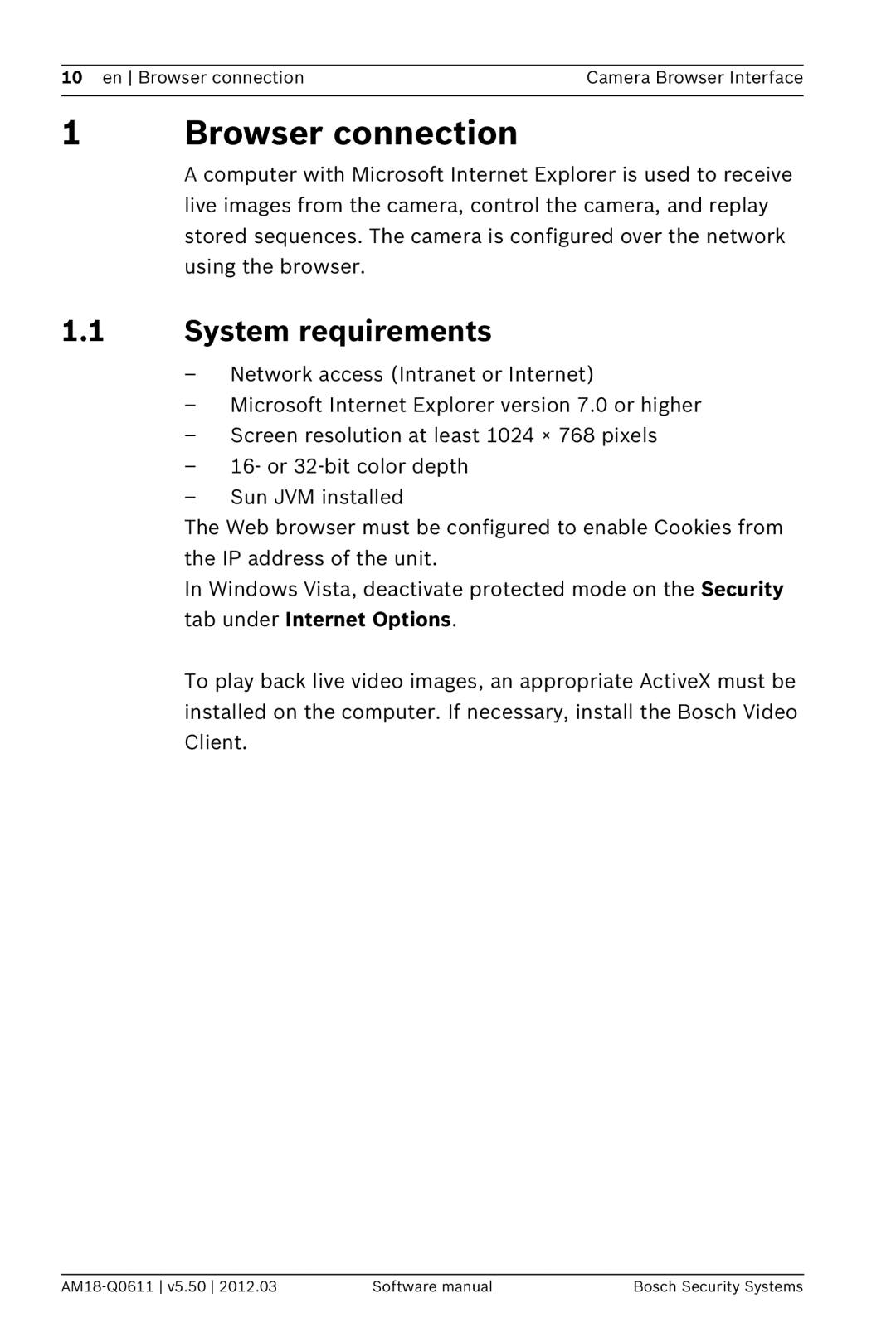 Bosch Appliances FW5.50 software manual Browser connection, System requirements 