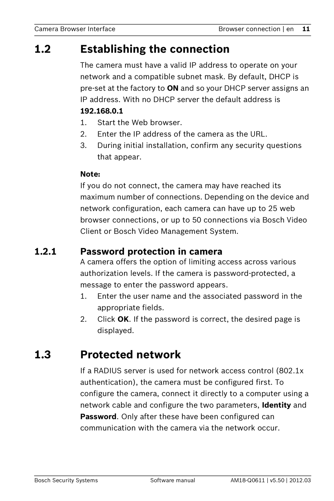 Bosch Appliances FW5.50 Establishing the connection, Protected network, Password protection in camera, 192.168.0.1 