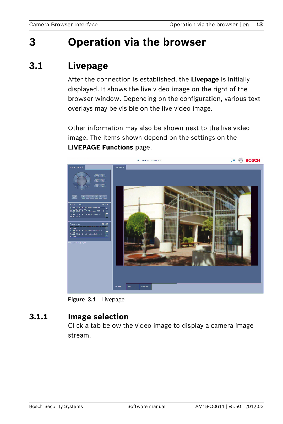 Bosch Appliances FW5.50 software manual Operation via the browser, Image selection 