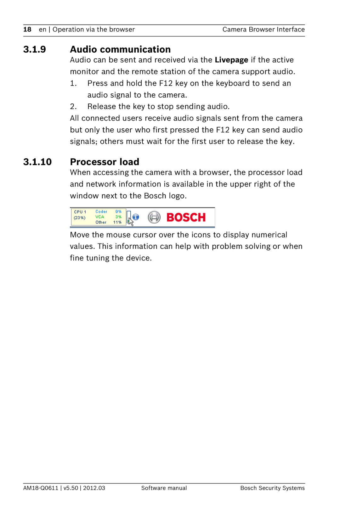 Bosch Appliances FW5.50 software manual Audio communication, Processor load 