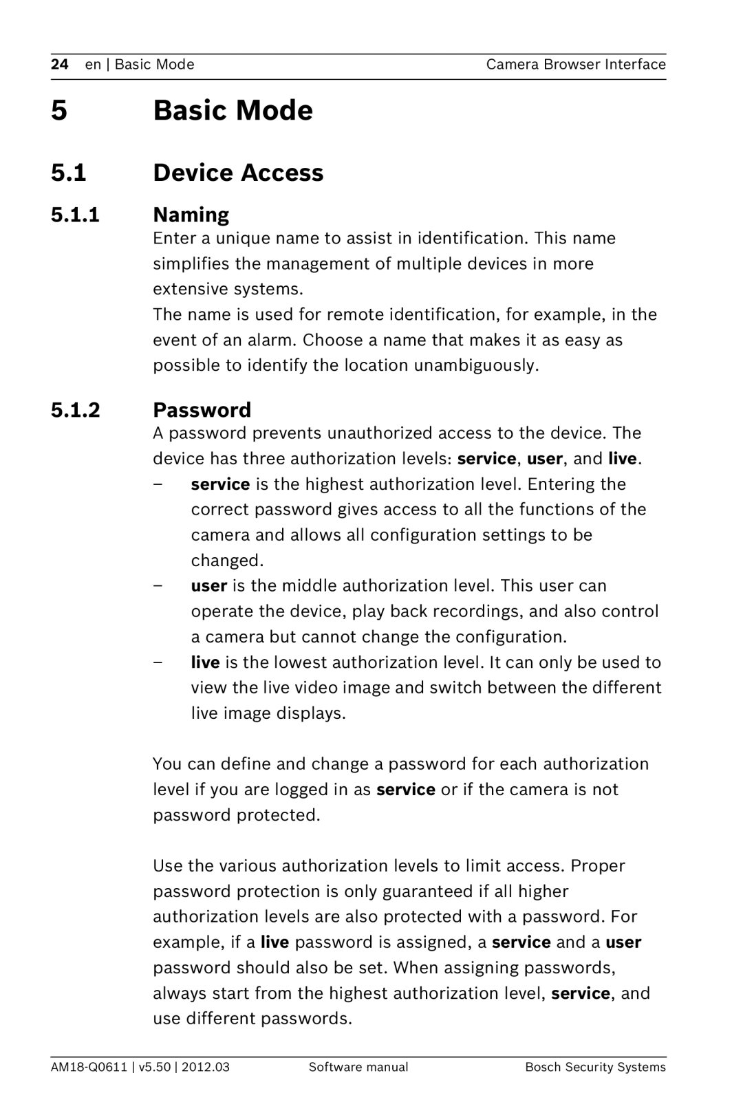 Bosch Appliances FW5.50 software manual Basic Mode, Device Access, Naming, Password 