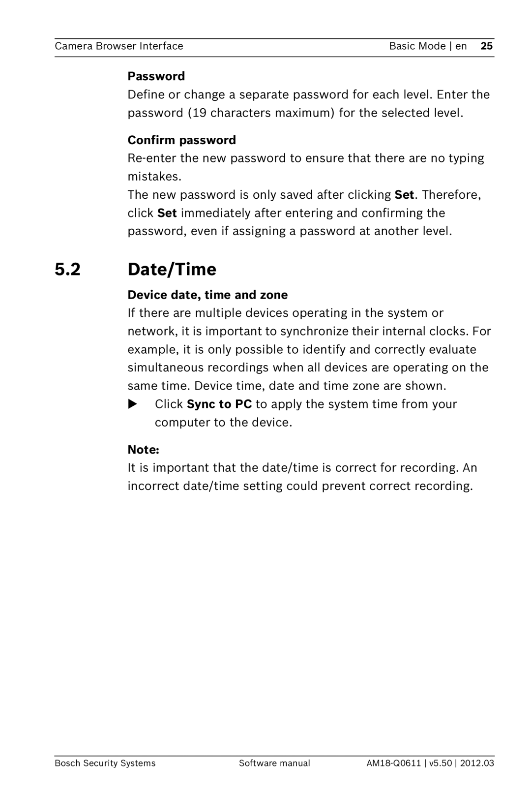 Bosch Appliances FW5.50 software manual Date/Time, Password, Confirm password, Device date, time and zone 