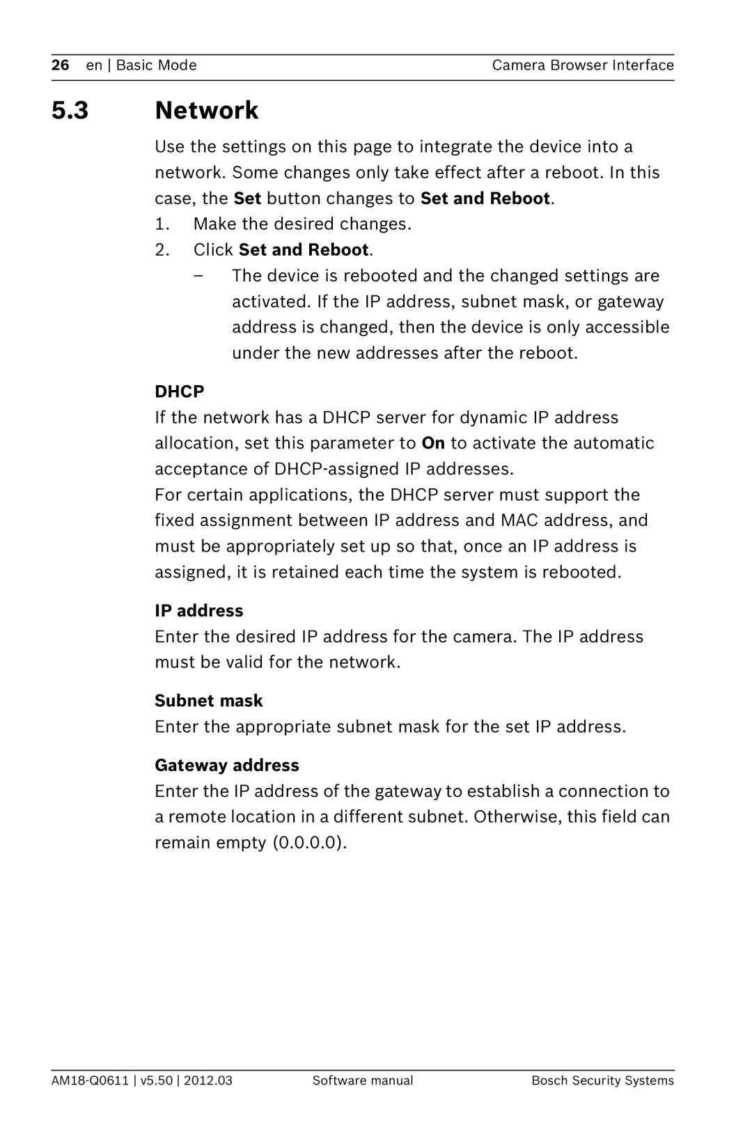 Bosch Appliances FW5.50 software manual Network, Click Set and Reboot, IP address, Subnet mask, Gateway address 