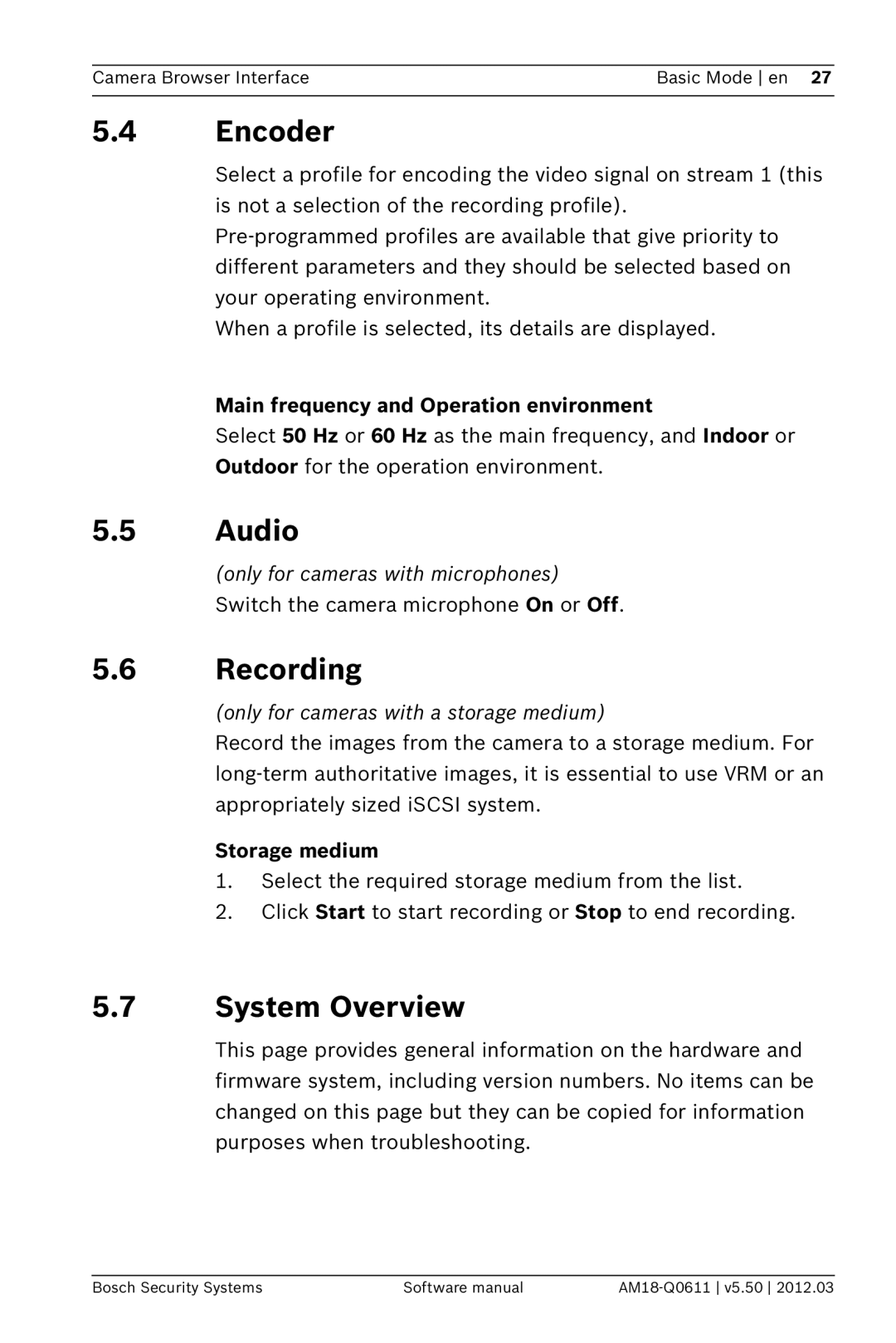 Bosch Appliances FW5.50 software manual Encoder, Audio, Recording, System Overview 