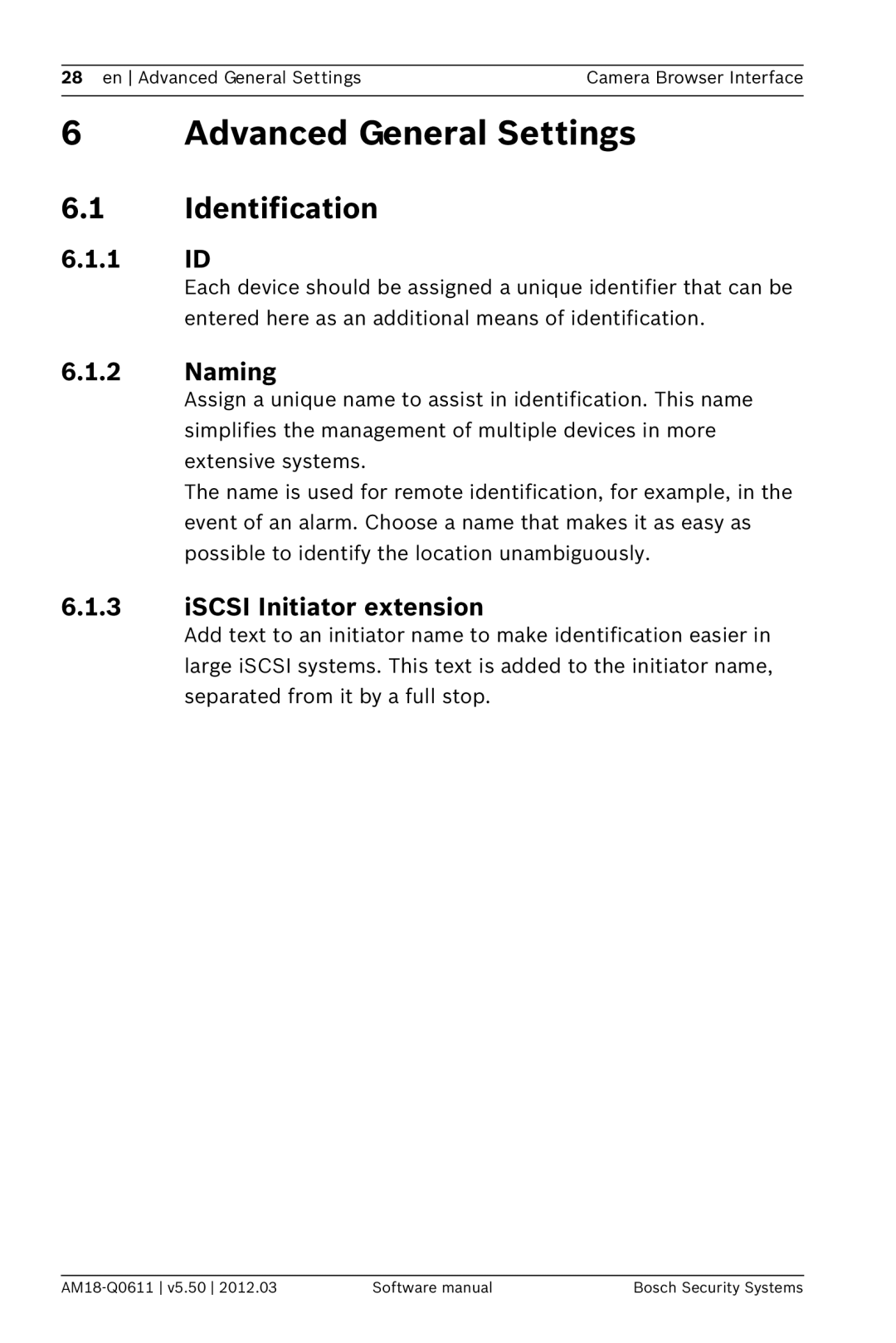 Bosch Appliances FW5.50 software manual Advanced General Settings, Identification, 1 ID, ISCSI Initiator extension 