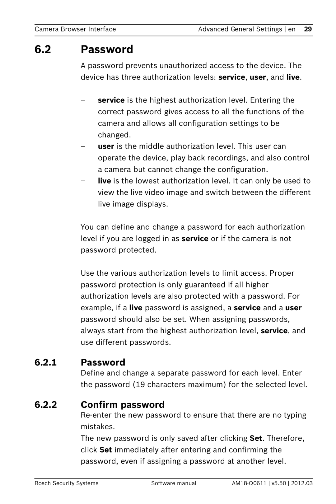 Bosch Appliances FW5.50 software manual Password, Confirm password 