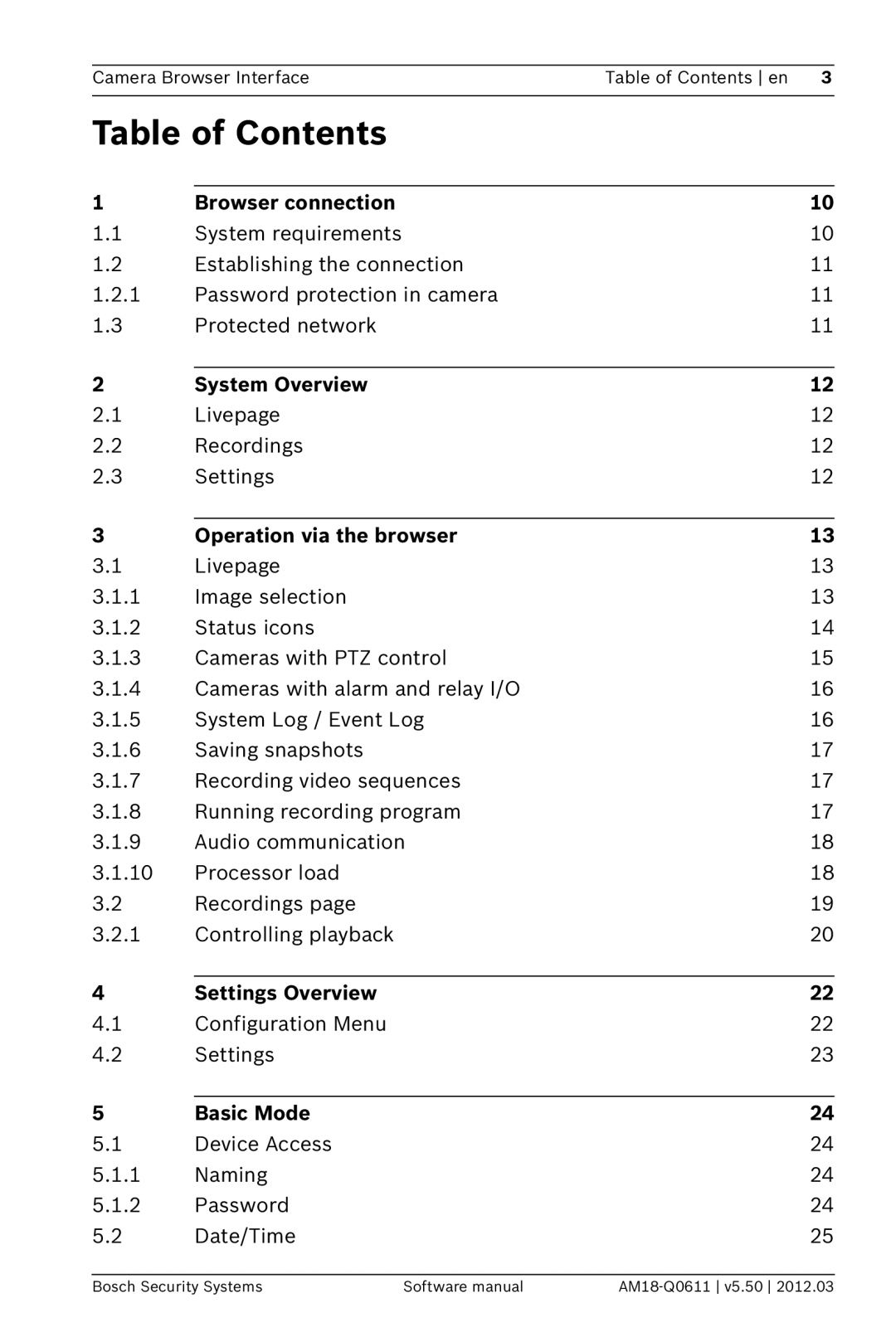 Bosch Appliances FW5.50 software manual Table of Contents 