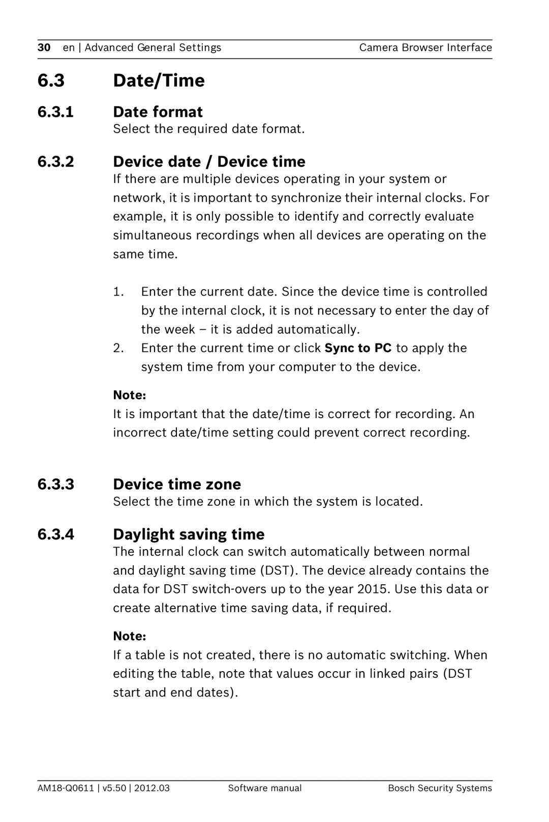 Bosch Appliances FW5.50 software manual Date format, Device date / Device time, Device time zone, Daylight saving time 