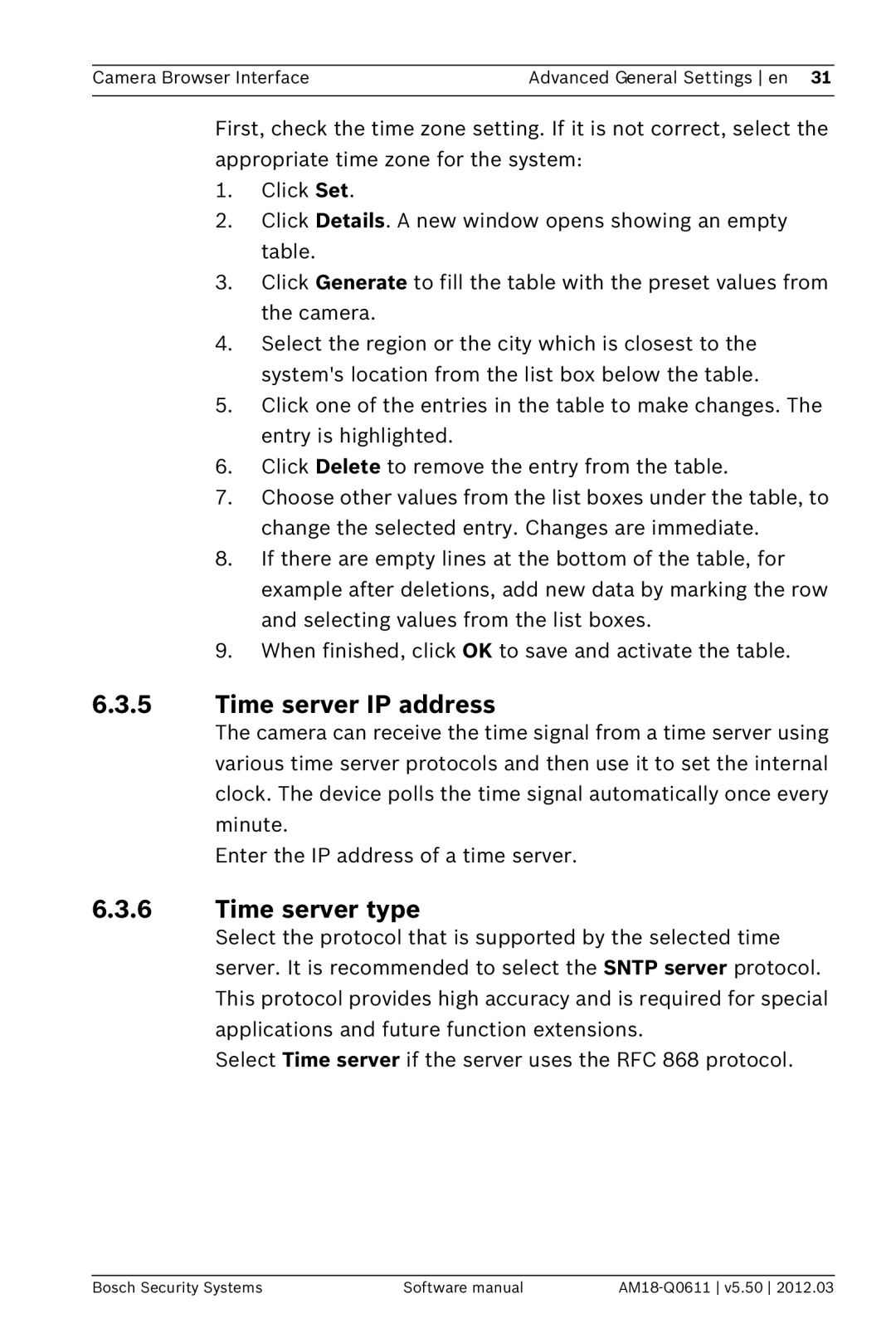 Bosch Appliances FW5.50 software manual Time server IP address, Time server type 