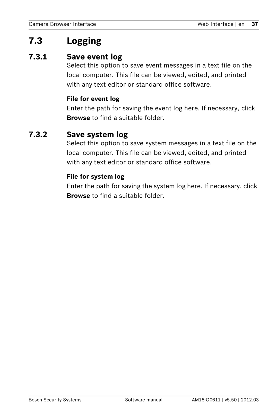 Bosch Appliances FW5.50 software manual Logging, Save event log, Save system log, File for event log, File for system log 