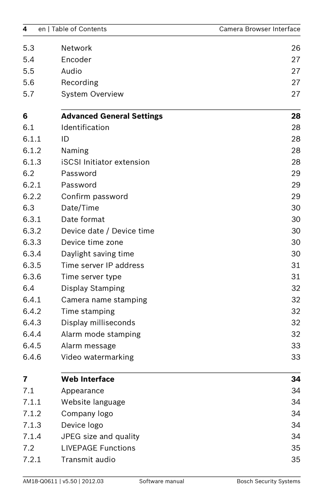 Bosch Appliances FW5.50 software manual Advanced General Settings, Web Interface 