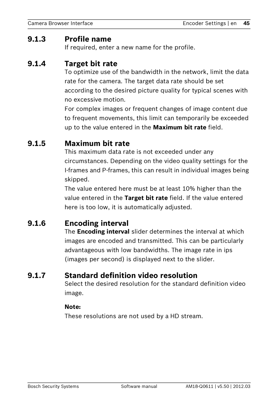 Bosch Appliances FW5.50 software manual Profile name, Target bit rate, Maximum bit rate, Encoding interval 