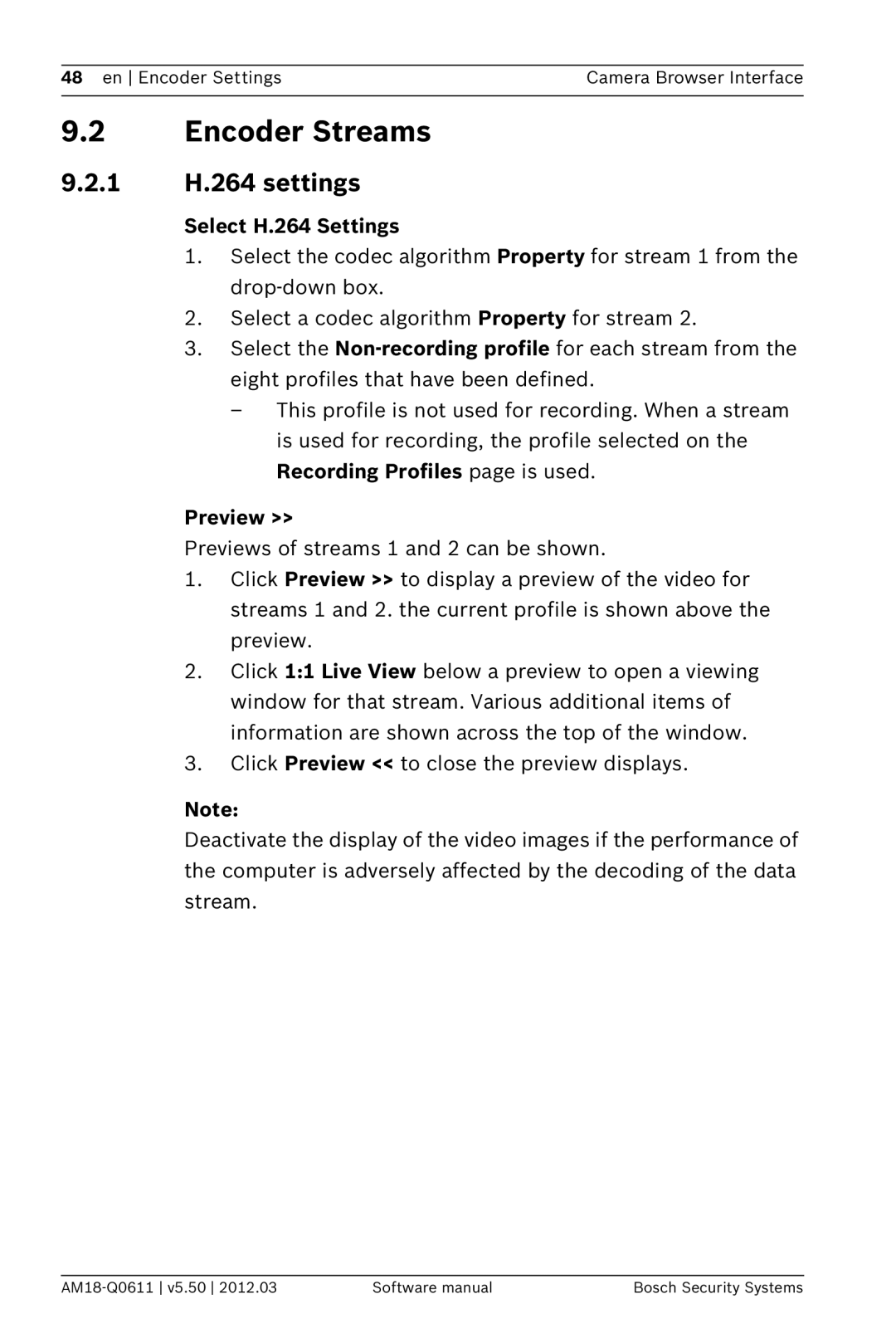 Bosch Appliances FW5.50 software manual Encoder Streams, 1 H.264 settings, Select H.264 Settings, Preview 