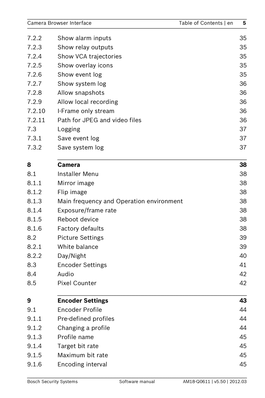 Bosch Appliances FW5.50 software manual Camera, Encoder Settings 