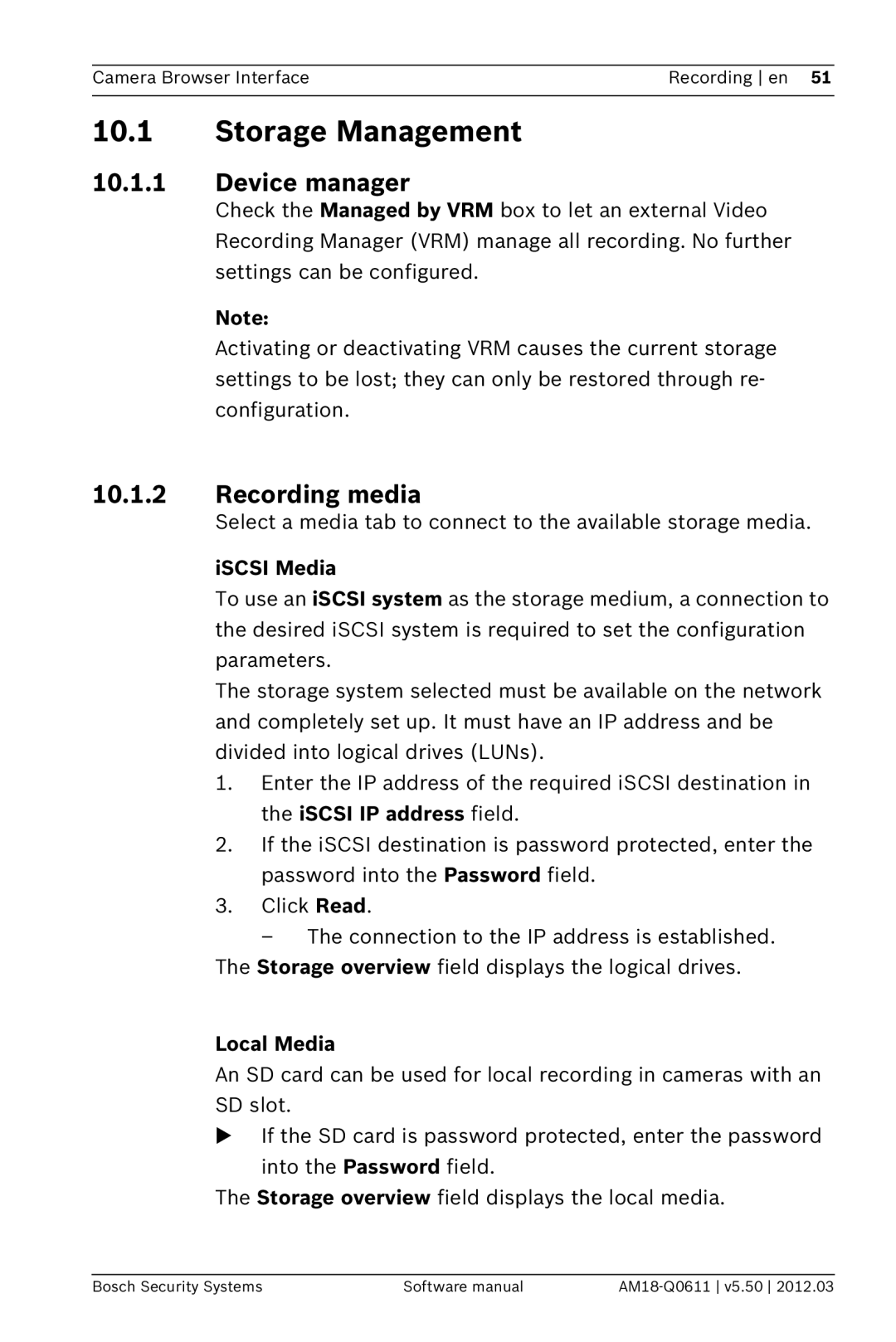 Bosch Appliances FW5.50 software manual Storage Management, Device manager, Recording media, ISCSI Media, Local Media 