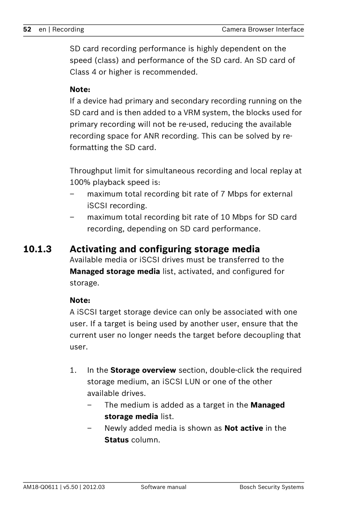 Bosch Appliances FW5.50 software manual Activating and configuring storage media 