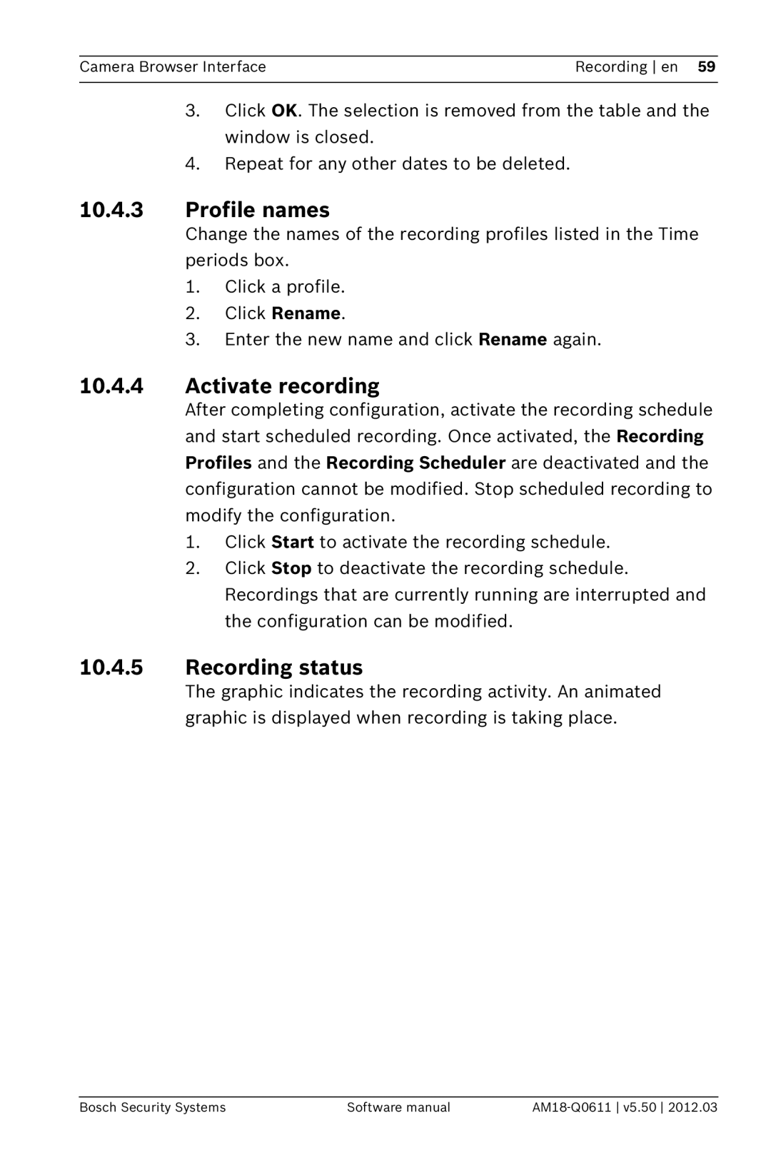 Bosch Appliances FW5.50 software manual Profile names, Activate recording, Recording status 