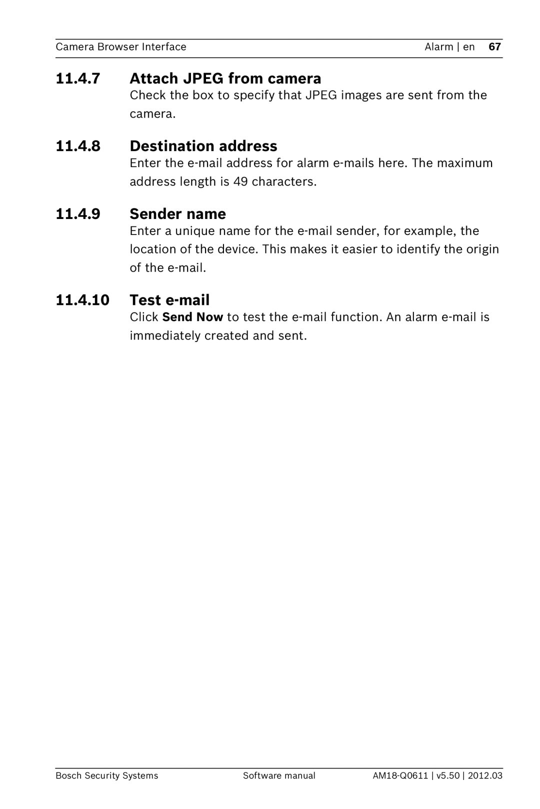 Bosch Appliances FW5.50 software manual Attach Jpeg from camera, Destination address, Sender name, Test e-mail 