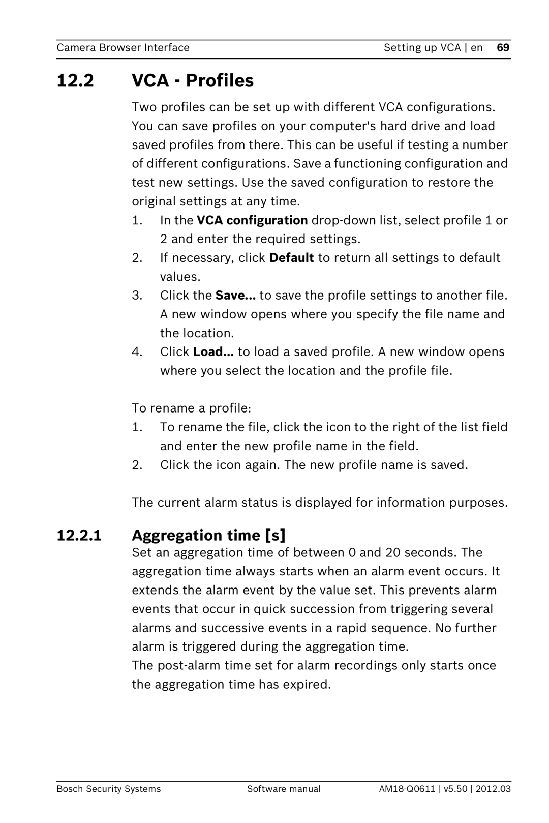 Bosch Appliances FW5.50 software manual VCA Profiles, Aggregation time s 