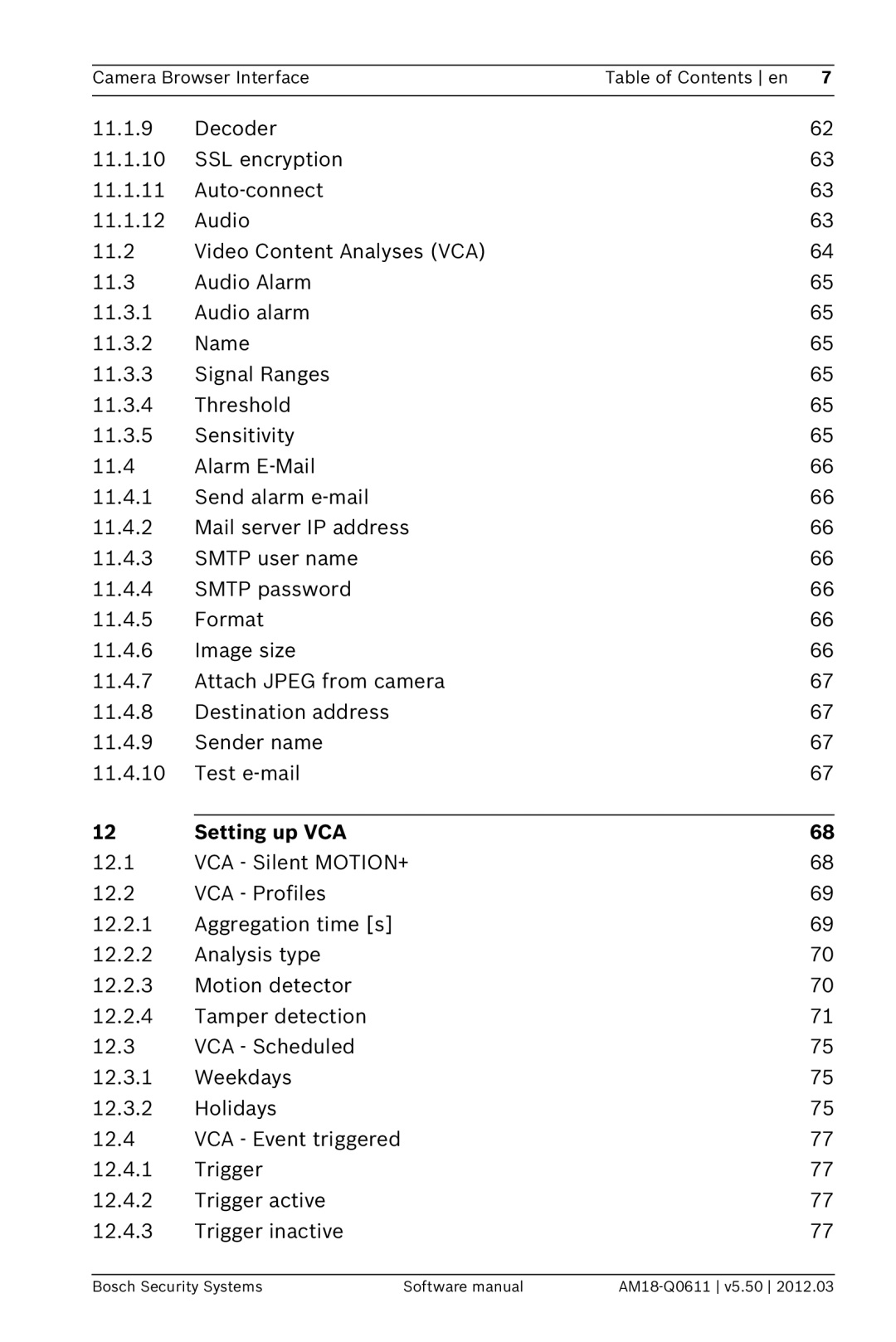 Bosch Appliances FW5.50 software manual Setting up VCA 