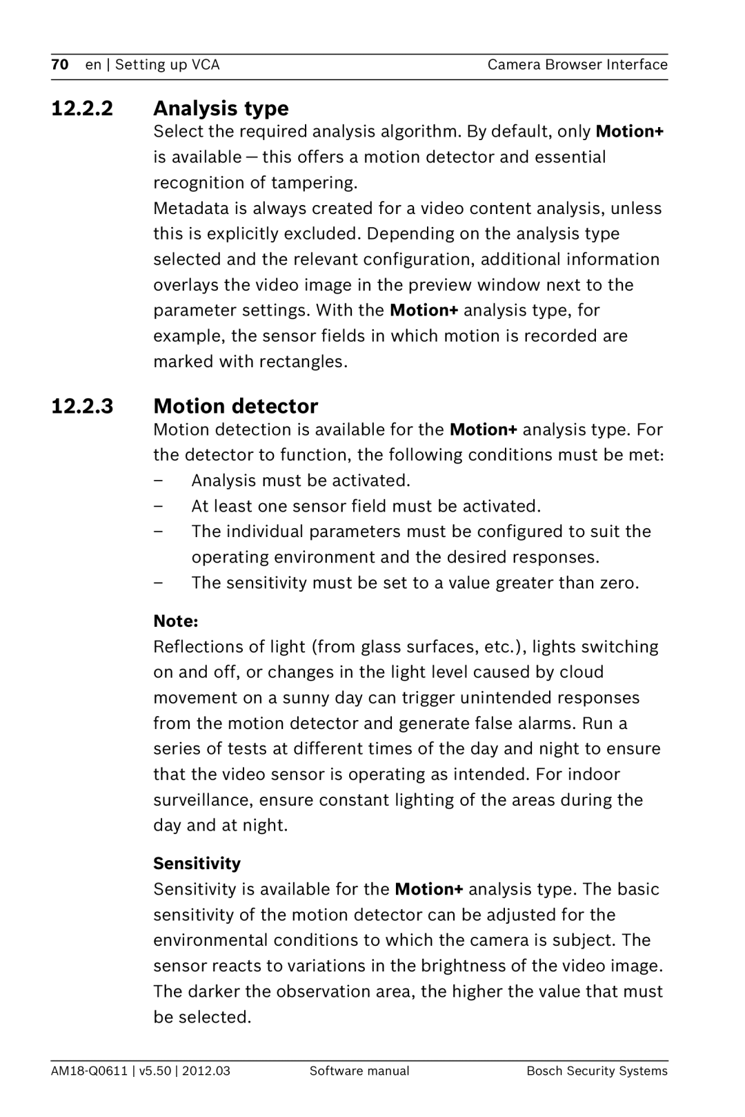 Bosch Appliances FW5.50 software manual Analysis type, Motion detector, Sensitivity 