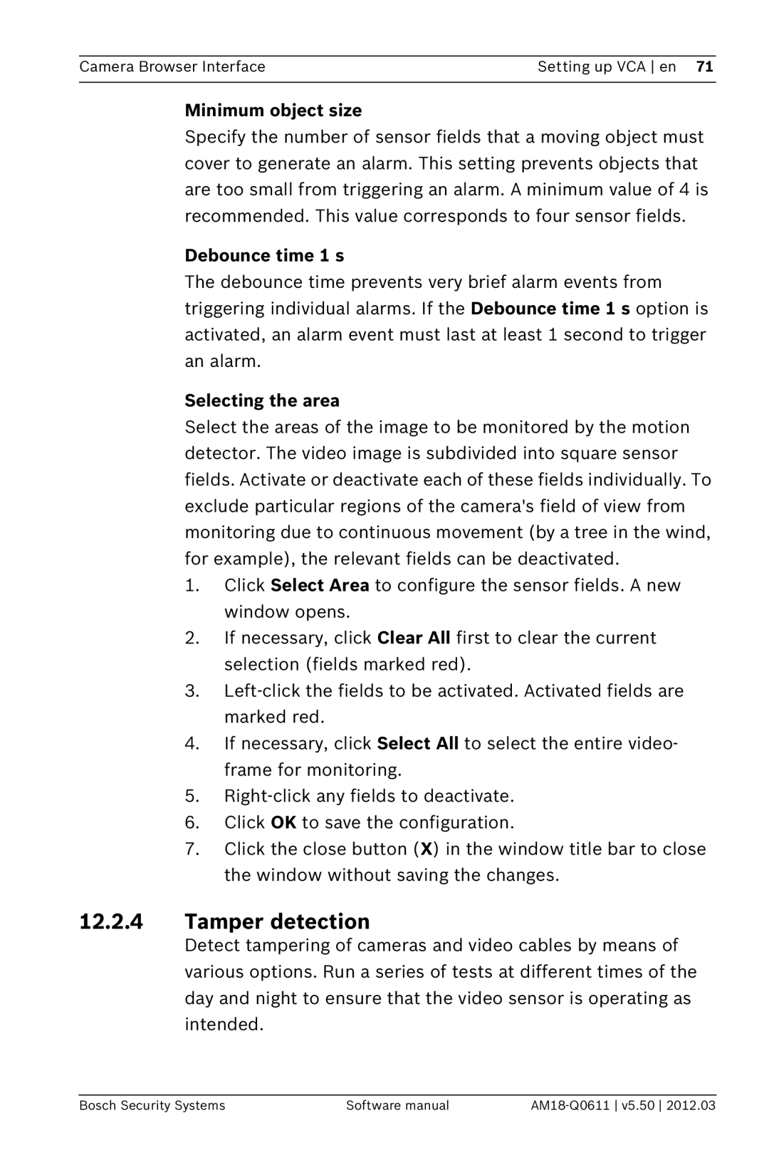 Bosch Appliances FW5.50 software manual Tamper detection, Minimum object size, Debounce time 1 s, Selecting the area 